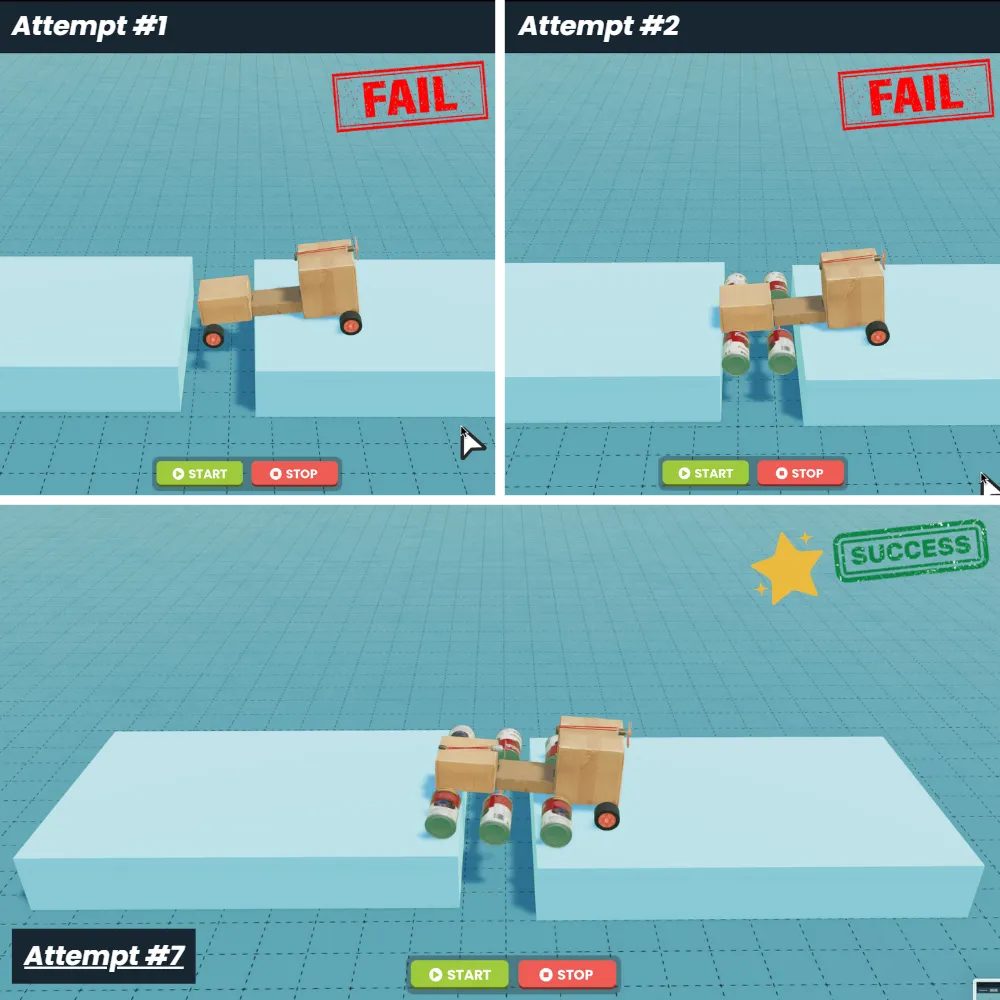 Three attempts at the same bridge build — two stamped FAIL, the seventh stamped SUCCESS.