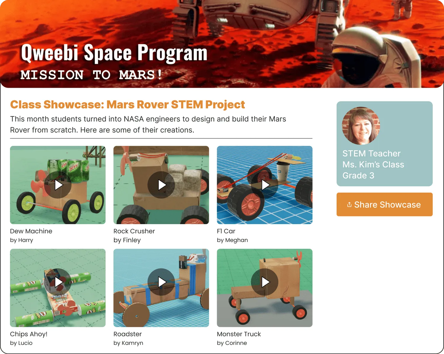 A shareable gallery of student show-and-tell videos from a Qweebi Space Program mission.