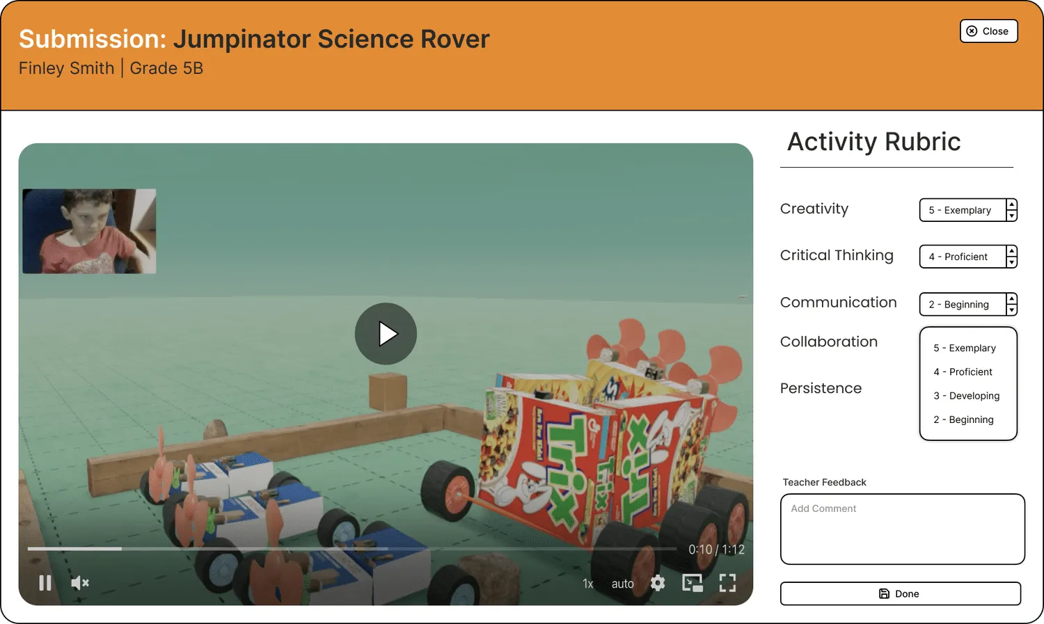 A student's show-and-tell video submission open beside Qweebi's built-in activity rubric.