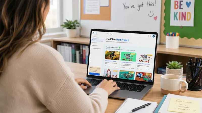 A teacher browsing Qweebi's project library on a laptop.
