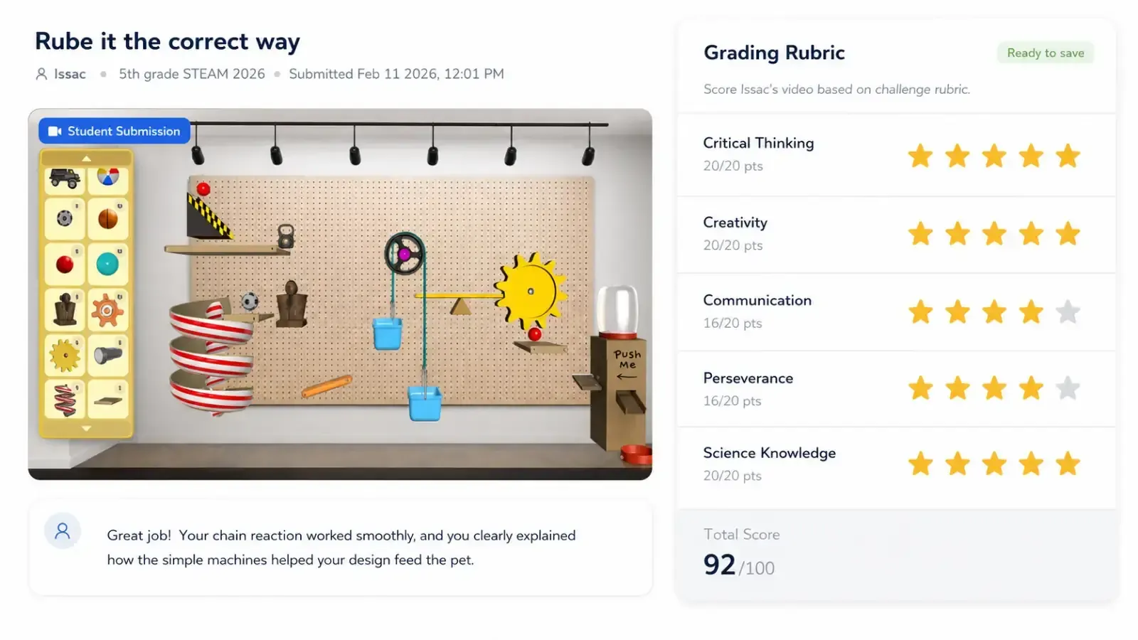 A student's submitted project video open beside Qweebi's grading rubric.